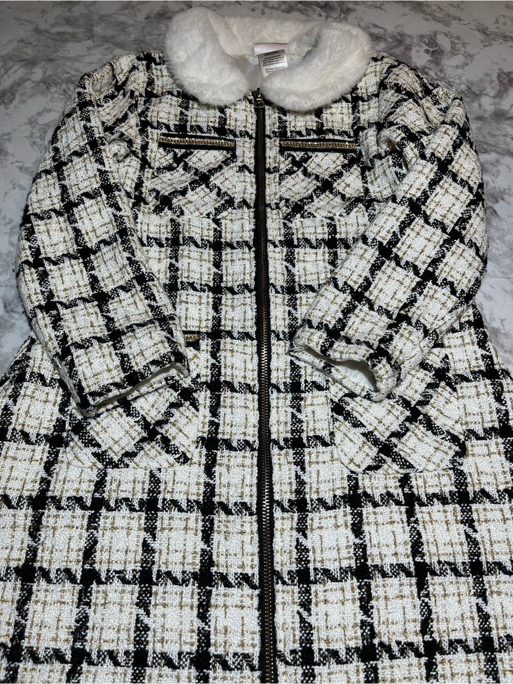 Girls Black & White Tweed Peacoat with Faux Fur Collar